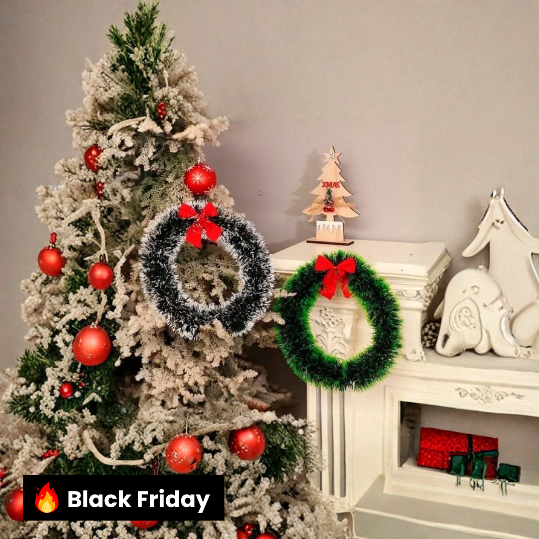 2 Guirlandas Enfeites Porta Natalino Nevada e Verde Laço 26 CM